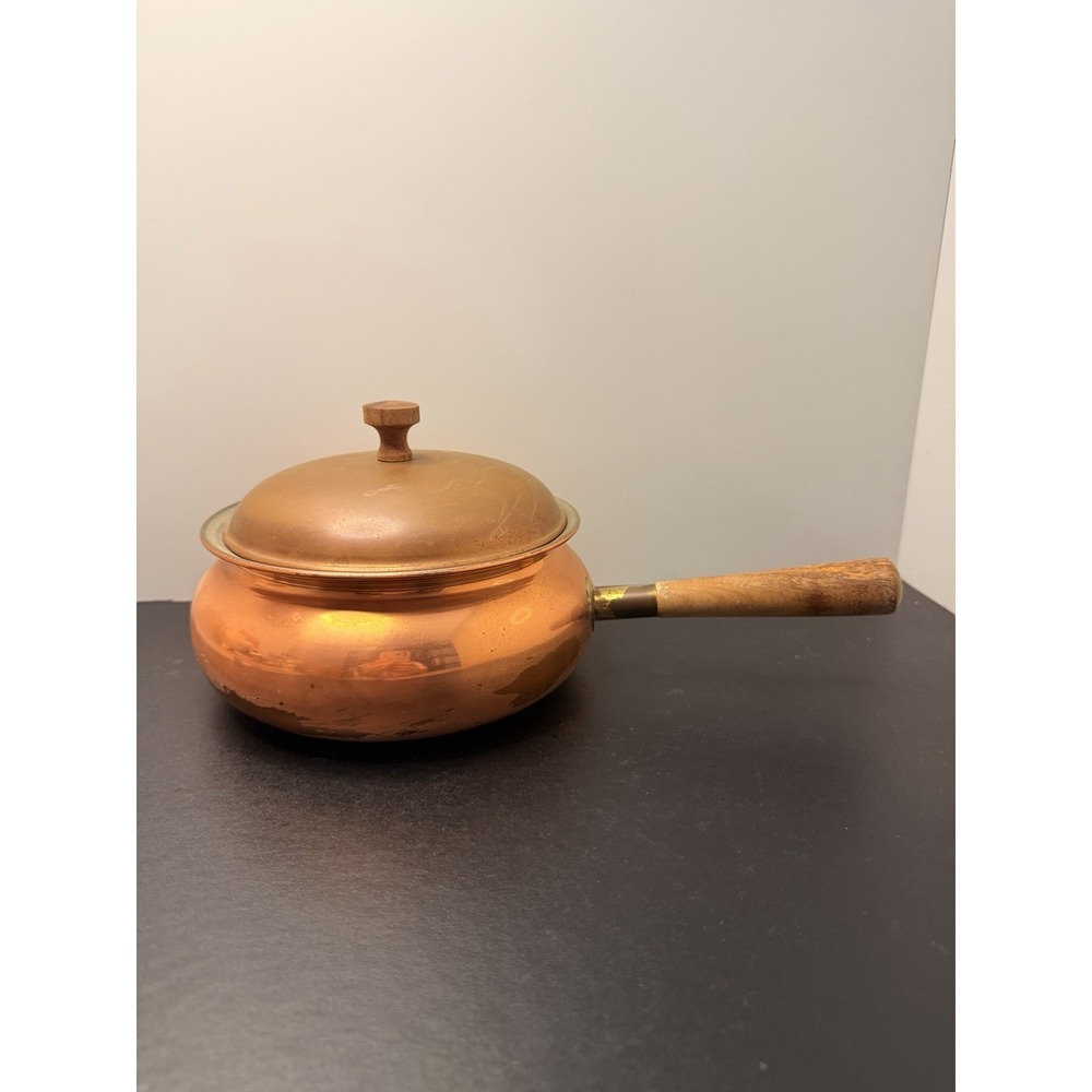 Vintage Portuguese Copper Pot Sauce Pan Wood Handle Lid Rustic